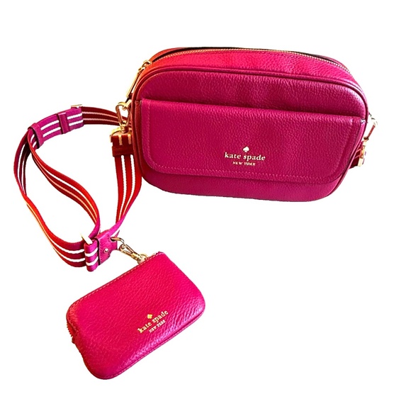 Kate Spade Fuschia Pebbled Leather Med Crossbody Purse Clip-On Coin Pouch - Picture 1 of 14